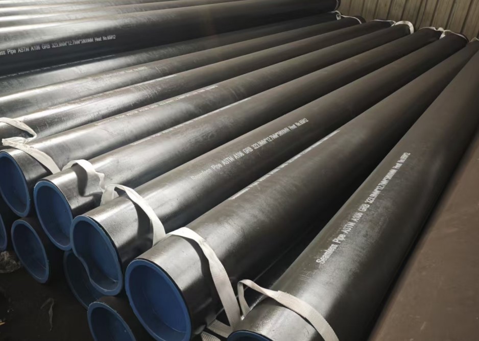 Seamless steel casing pipes stacked and strapped ready for supply